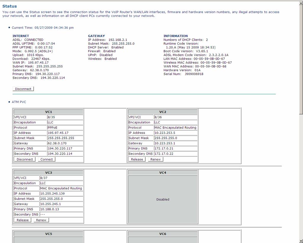NetFasteR IAD 2 Μενού STATUS Περιγραφή Το µενού αυτό εµφανίζει