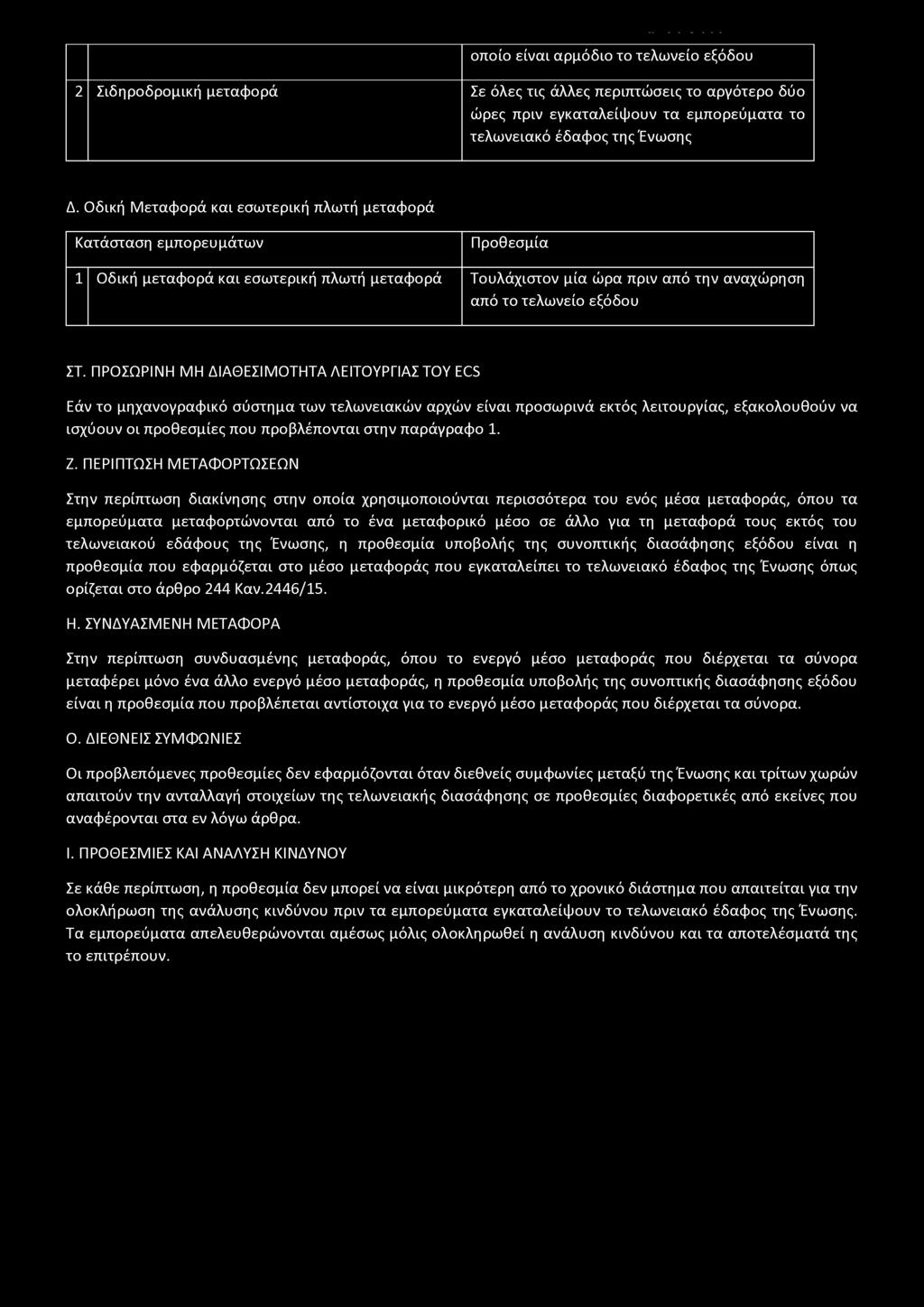 οποίο είναι αρμόδιο το τελωνείο εξόδου 2 Σιδηροδρομική μεταφορά Σε όλες τις άλλες περιπτώσεις το αργότερο δύο ώρες πριν εγκαταλείψουν τα εμπορεύματα το τελωνειακό έδαφος της'ενωσης Δ.