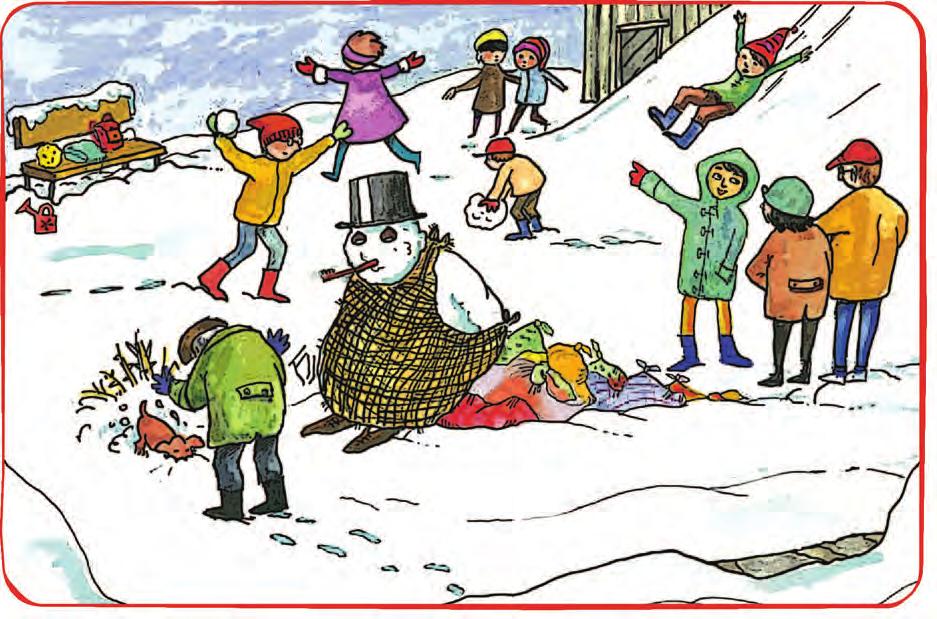 Ο παπουτσωμένος χιονόδρακος Τα παιδιά παίζουν χιονοπόλεμο. Κάνουν τσουλήθρα στο χιόνι. Mαζί με τους γονείς τους έφτιαξαν έναν αστείο χιονάνθρωπο.
