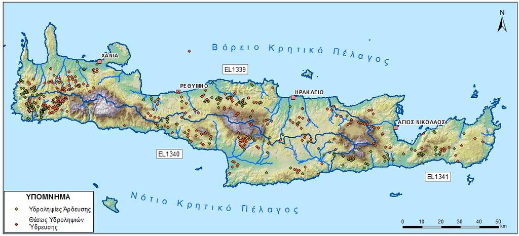 Χάρτης 5-2 Θέσεις υδροληψιών από τα επιφανειακά ΥΣ για λόγους ύδρευσης και άρδευσης Πίνακας 5-5 Απολήψεις από επιφανειακά ΥΣ ανά χρήση στο ΥΔ Κρήτης (EL13) Απολήψεις (10 6 m 3