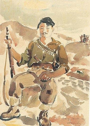 Αντάρτης,υδατογραφία,33x22 cm,10-ix-1944 Γιάννης Μιγάδης (γεν. 1926) Σπούδασε ζωγραφική στην Ανωτάτη Σχολή Καλών Τεχνών με καθηγητή τον Κ. Παρθένη από το 1945 έως το 1951.