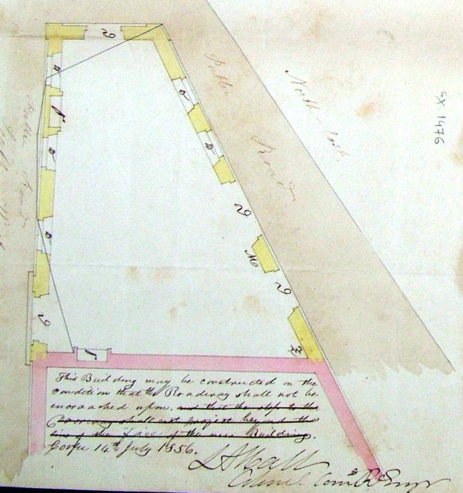 This Building may be constructed on the condition that Mr Bradivag shall not be encroached upon. and that the step to the Doorway shall not project beyond the line of the face of the new Building. L.