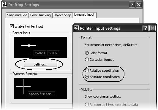 100 Oδηγός εκµάθησης AutoCAD 2008 & 2007 Συντεταγµένες Οι συντεταγµένες των αρχικών σηµείων των αντικειµένων είναι απόλυτες. Τα επόµενα σηµεία µπορούν να δοθούν µε σχετικές ή απόλυτες συντεταγµένες.