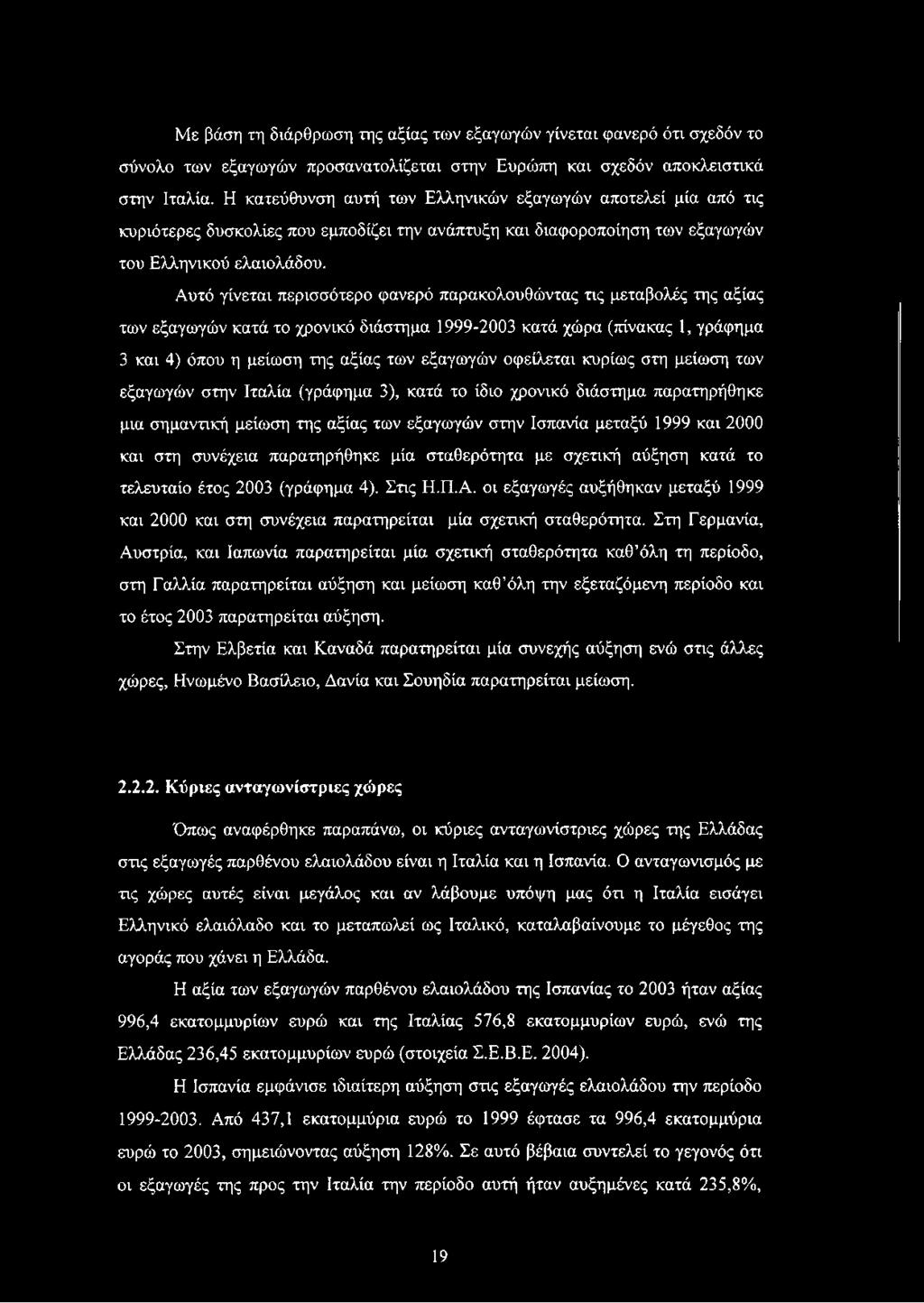 Αυτό γίνεται περισσότερο φανερό παρακολουθώντας τις μεταβολές της αξίας των εξαγωγών κατά το χρονικό διάστημα 1999-2003 κατά χώρα (πίνακας 1, γράφημα 3 και 4) όπου η μείωση της αξίας των εξαγωγών