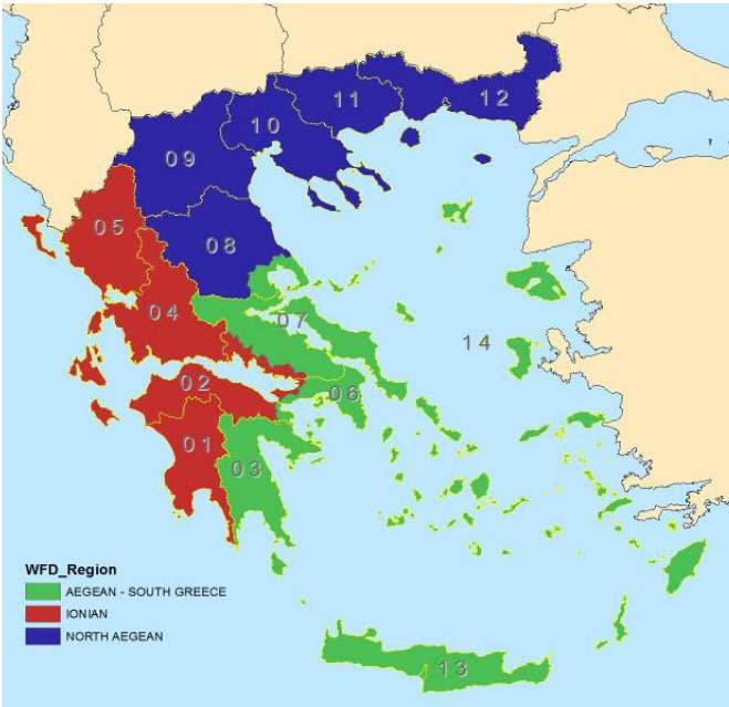 Βιογεωγραφικές περιοχές Αιγαίου και Ν.Ελλάδας Ιονίου Βόρειας Ελλάδας Σχήμα 4 11. Βιογεωγραφικές περιοχές της Ελλάδας, στα Υδατικά Διαμερίσματα της χώρας. Πίνακας 4 11.