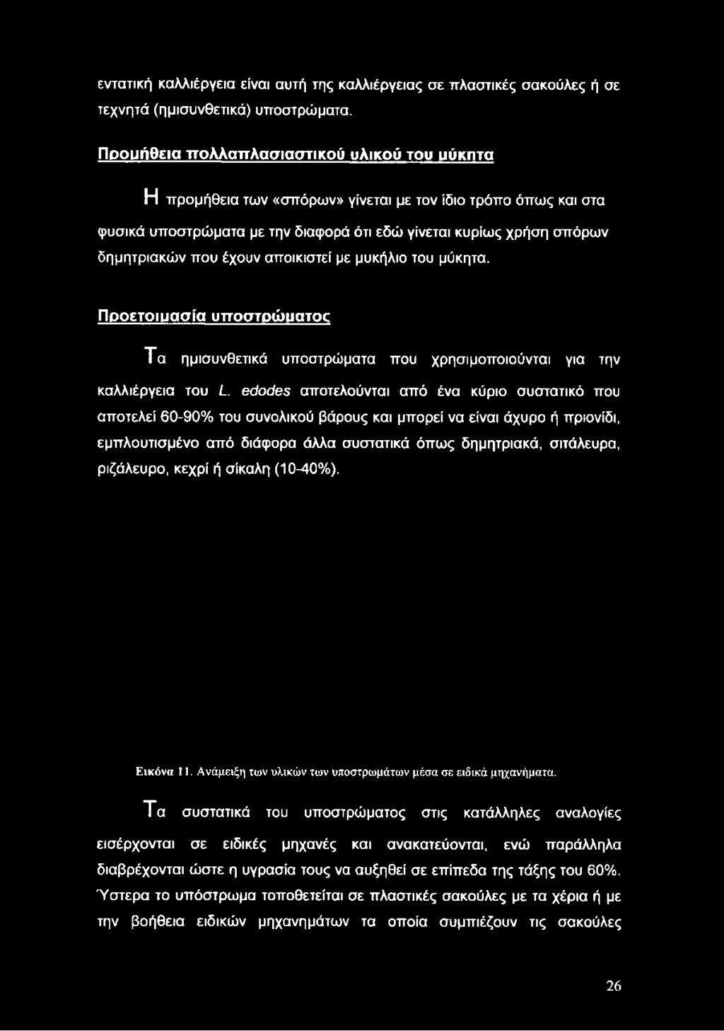 δημητριακών που έχουν αποικιστεί με μυκήλιο του μύκητα. Προετοιμασία υποστρώματος Τ α ημισυνθετικά υποστρώματα που χρησιμοποιούνται για την καλλιέργεια του L.