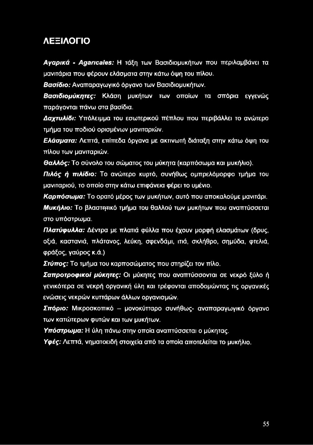 Ελάσματα: Λεπτά, επίπεδα όργανα με ακτινωτή διάταξη στην κάτω όψη του πίλου των μανιταριών. Θαλλός: Το σύνολο του σώματος του μύκητα (καρπόσωμα και μυκήλιο).