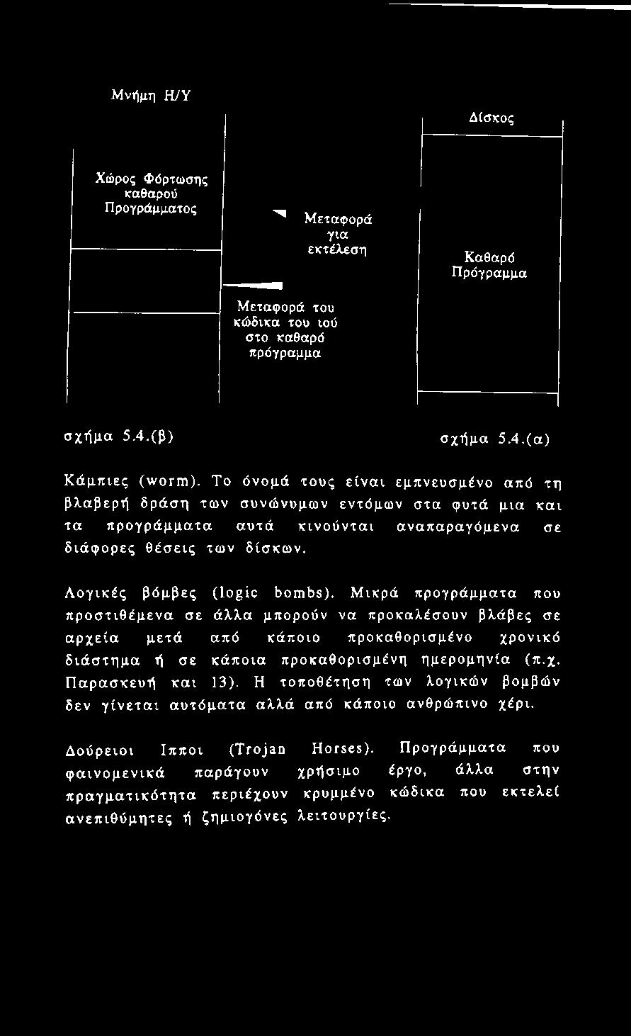 Μνήμη Η/Υ Δίσκος Χώρος Φόρτωσης καθαρού Προγράμματος ^ Μεταφορά για εκτέλεση Μεταφορά του κώδικα του ιού στο καθαρό πρόγραμμα Καθαρό Πρόγραμμα σχήμα 5.4.(β) σχήμα 5.4.(α) Κάμπιες (worm).
