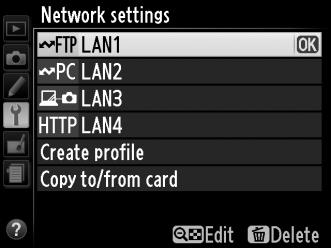Network Settings (Ρυθμίσεις Δικτύου) B μενού ρυθμίσεων Δίκτυο Επισημάνετε Network settings (Ρυθμίσεις δικτύου) και πατήστε 2 για να προβάλετε τη λίστα προφίλ δικτύου, όπου μπορείτε