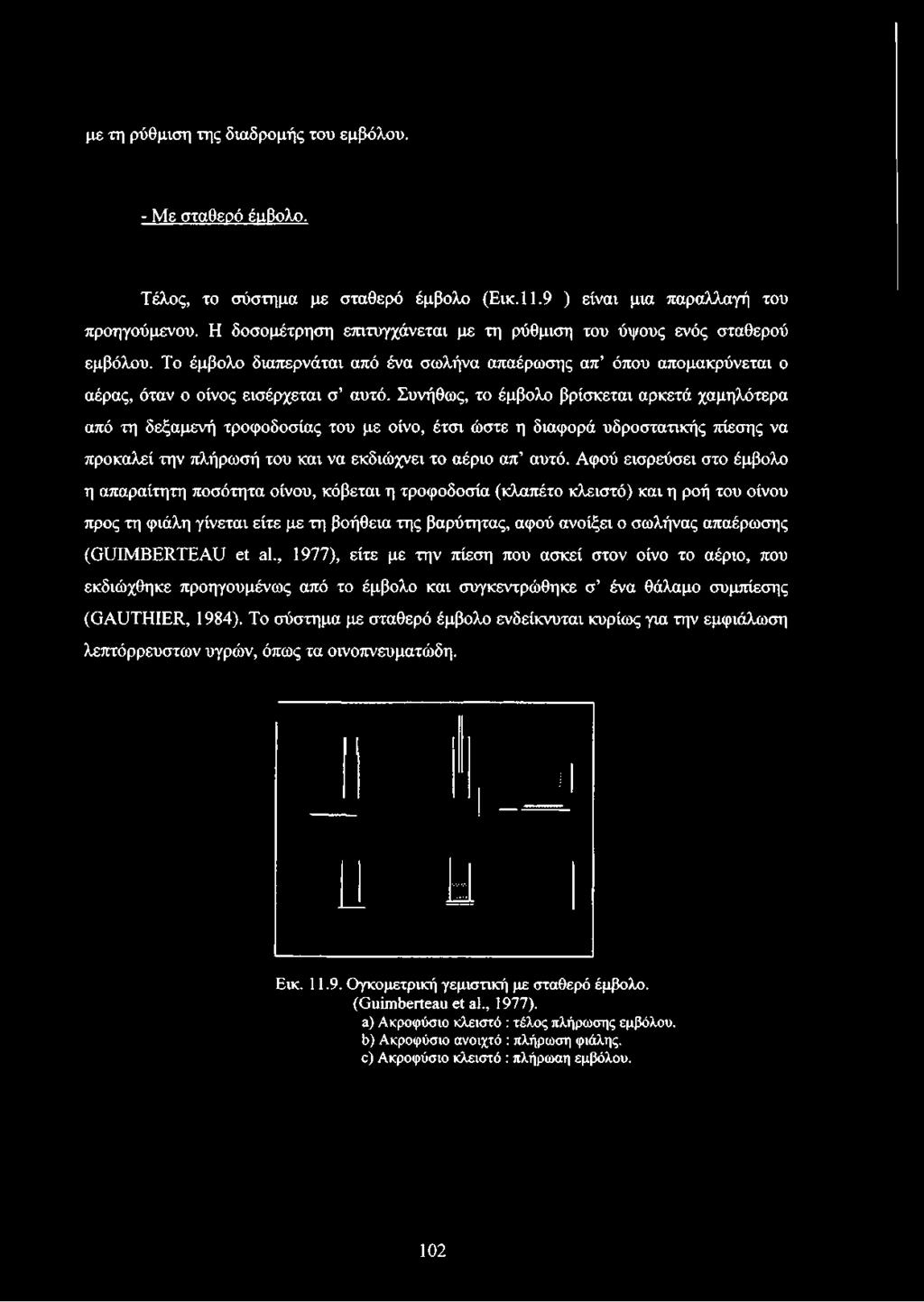 Συνήθως, το έμβολο βρίσκεται αρκετά χαμηλότερα από τη δεξαμενή τροφοδοσίας του με οίνο, έτσι ώστε η διαφορά υδροστατικής πίεσης να προκαλεί την πλήρωσή του και να εκδιώχνει το αέριο απ αυτό.