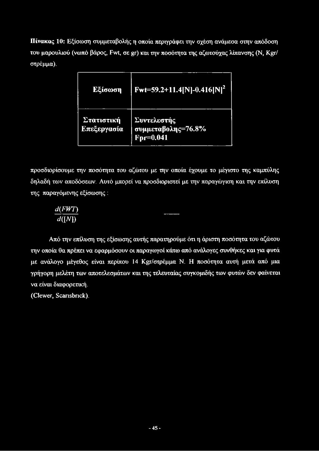 Πίνακας 10: Εξίσωση συμμεταβολής η οποία περιγράφει την σχέση ανάμεσα στην απόδοση του μαρουλιού (νωπό βάρος, Ρ\νί, σε μτ) και την ποσότητα της αζωτούχας λίπανσης (Ν, Κ&Ι στρέμμα). Εξίσω ση F w t=59.