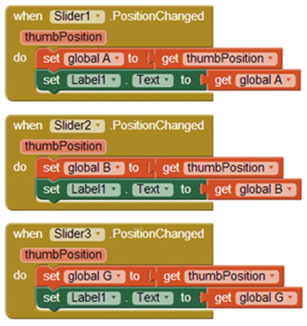 1 2 3 4 6 5 7 8 9 10 11 12 1 when Slider1. PositionChanged 2 thumbposition 3 do set globala to get thumbposition 4 set Label1. Text to get globala 5 when Slider2.