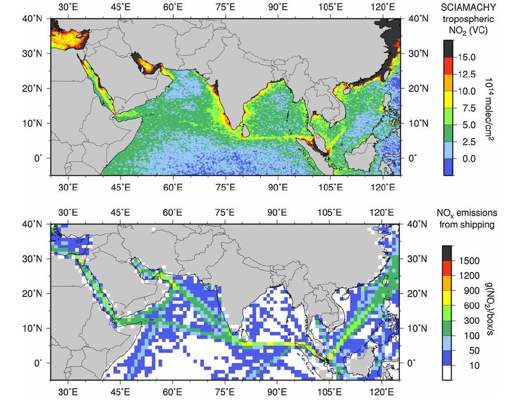 Σύγκριση των υπολογισμένων εκπομπών από πλοία (κάτω εικόνα) με τις μετρήσεις NOx από δορυφόρο (πάνω εικόνα) Eyring, V.