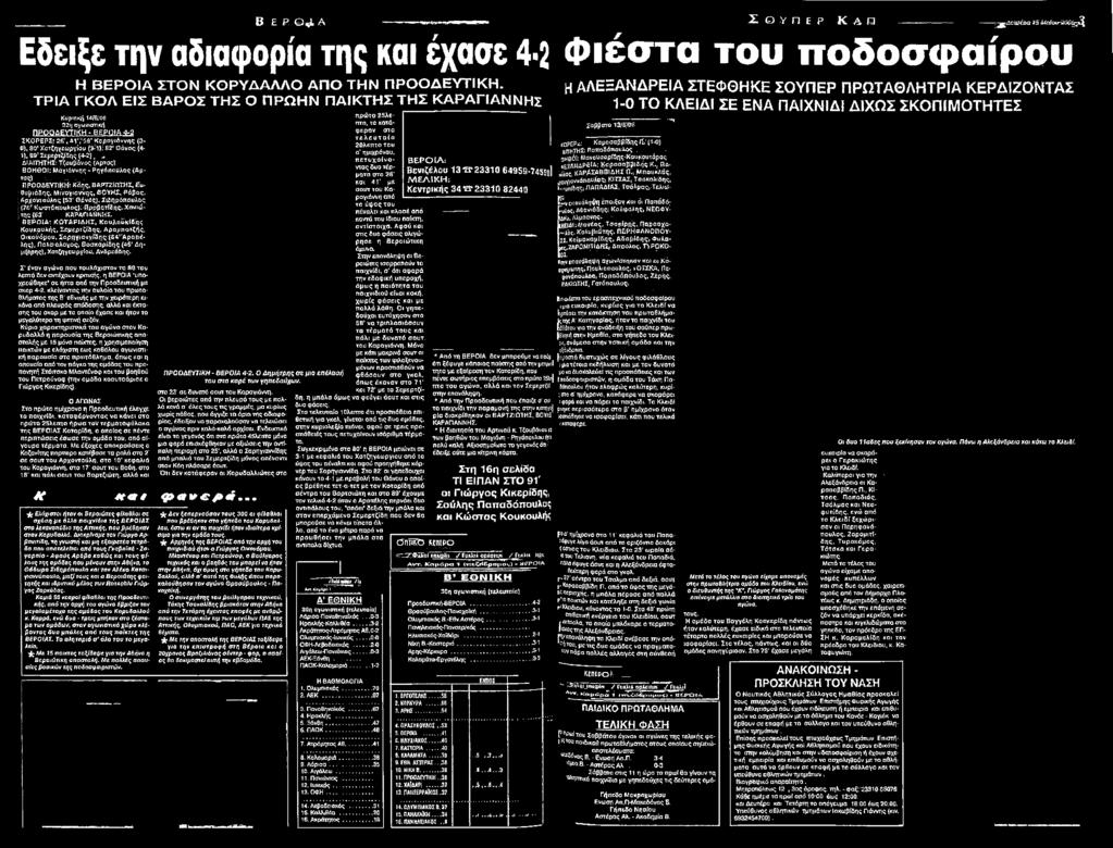 ΒΕΡΟΙΑ: Κ0ΤΑΡ1ΔΗΣ* ΚουΑβύκϊδ'ης Κσυκρυλής,.Σεμορτζίδης, Αραμπατζής, 0 ι κ ό νόμ ον, Σ ό ρ η γι α νγίδ η ς: (64,νΑ ρα π έ λος),. Πολύ'ολίγος, Βοσκάρίδης (45 Δημι)ίρης)/ Χατζηγέωργίοϋ, Ανδρεύδης.