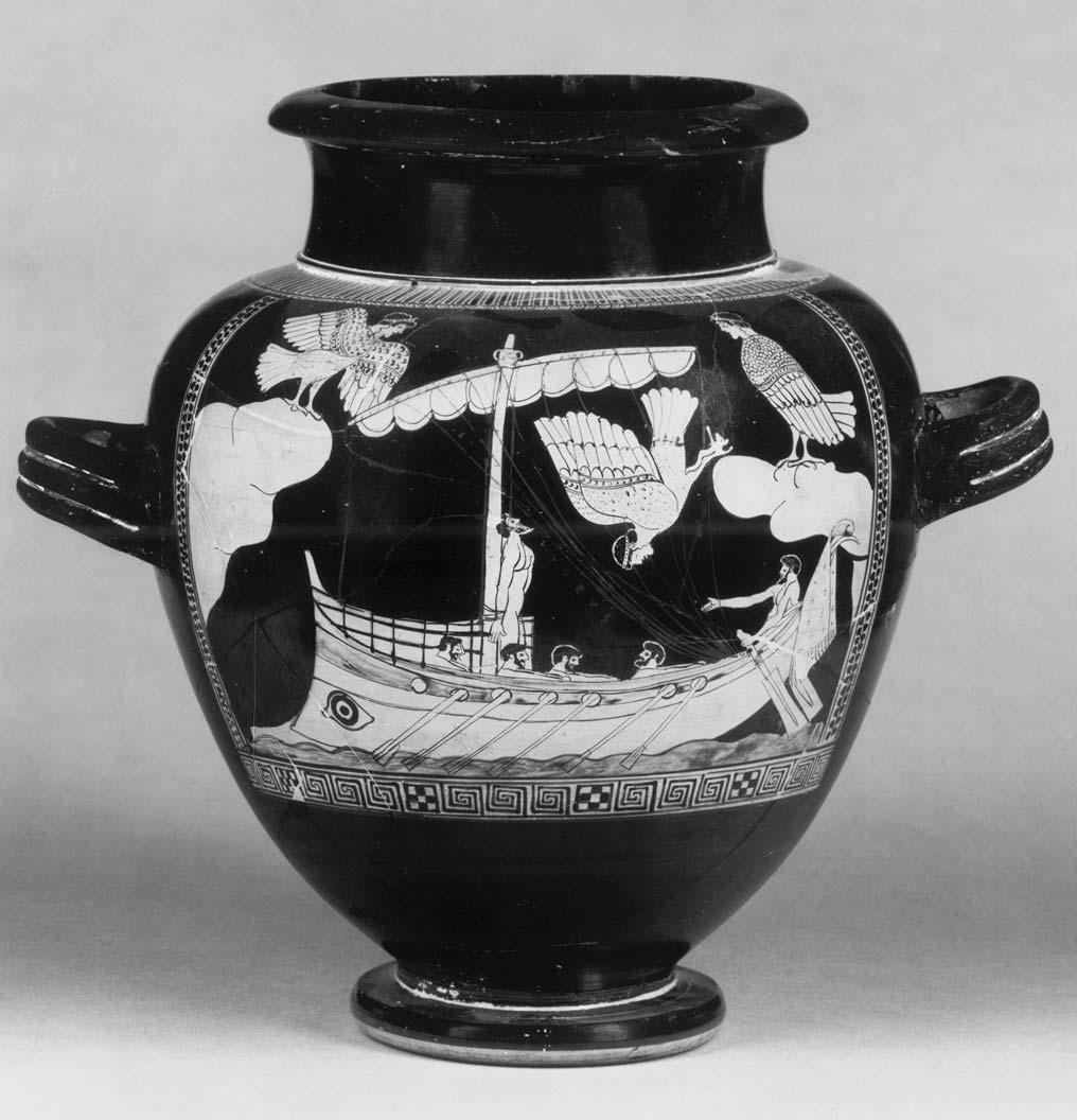 244 Part Seven: Homeric hero and heroine Odysseus, on his way home from Troy, hears the song of the Sirens unscathed. One of the Sirens, doomed to die in this event, falls to her death.