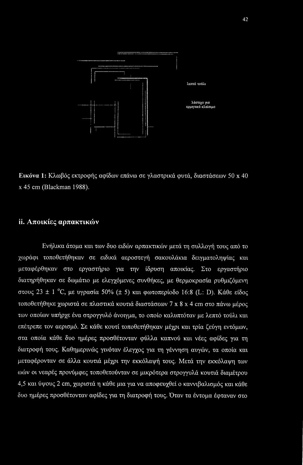 ίδρυση αποικίας. Στο εργαστήριο διατηρήθηκαν σε δωμάτιο με ελεγχόμενες συνθήκες, με θερμοκρασία ρυθμιζόμενη στους 23 ± 1 C, με υγρασία 50% (± 5) και φωτοπερίοδο 16:8 (L: D).