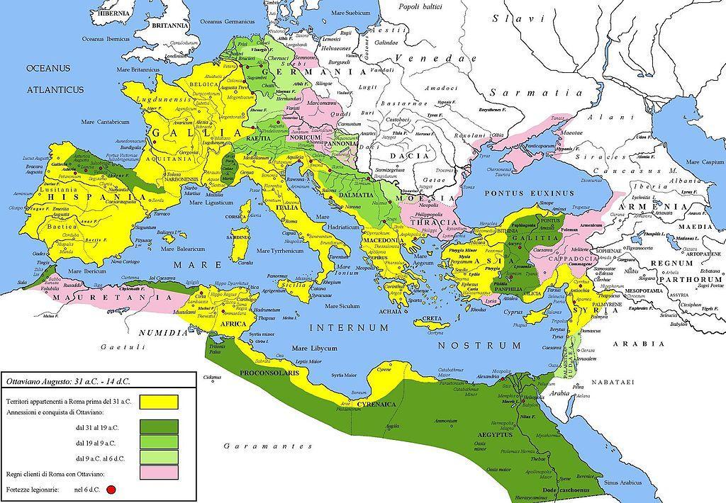 Ατλαντικός ωκεανός Ρήνος Δούναβης Ευφράτης ποταμός Σαχάρα Έκταση της Ρωμαϊκής Αυτοκρατορίας υπό τον Αύγουστο.