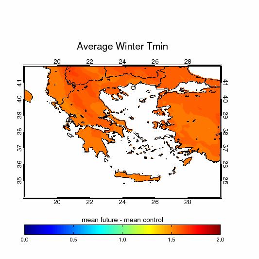 Χειµερινήελάχιστη ελάχιστηθερµοκρασία Μεταβολές κατά το 2071-2100 Η ελάχιστη χειµερινή θερµοκρασία αυξάνεται κατά 1.5 ο C το 2021-2050 και κατά 3.5 ο C το 2071-2100.