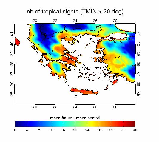 Θερµέςνύχτες (Tmin> 20 o C ) Ο αριθµός την θερµών νυκτών µε θερµοκρασίες πάνω από 20 o C αυξάνεται κυρίως στις παράκτιες και νησιωτικέ περιοχές.