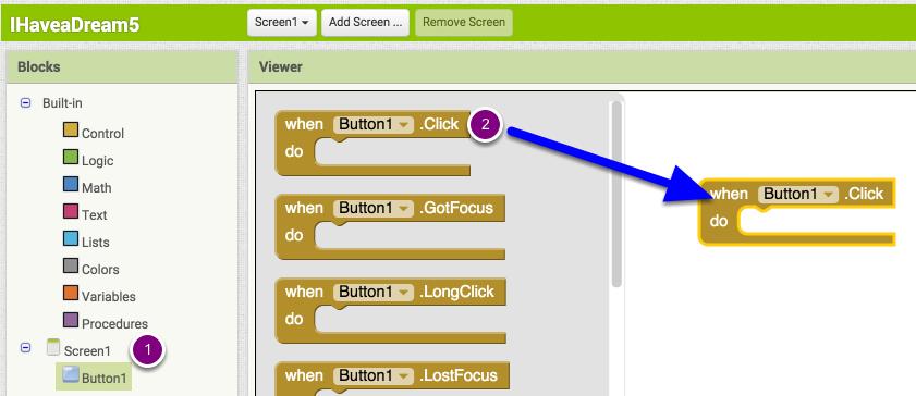 Εικόνα 52: Button.Click event handler In the Blocks editor, click on Button1 (1) and then drag out a Button1.Click event handler (2).
