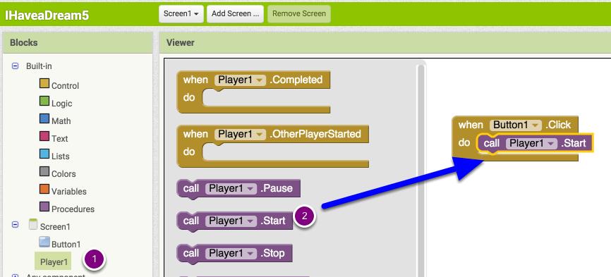 Start block Click on the Player1 drawer (1) and then drag out a "call Player1.Start" block and place it in the event handler.