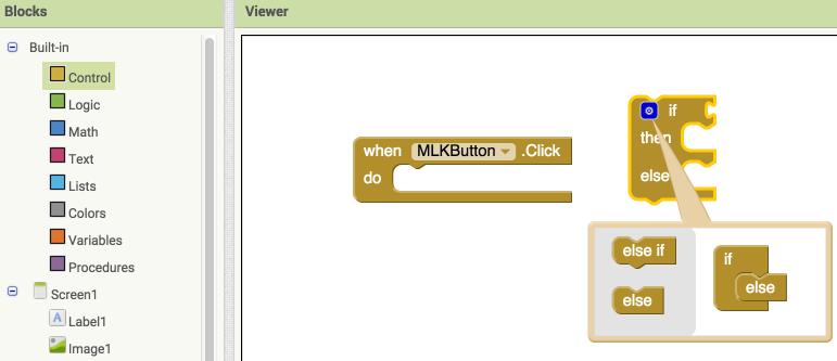 18. Code it so you start/pause the MLK speech Εικόνα 60: Start/Pause code Open the Blocks editor. Note that the Button1.