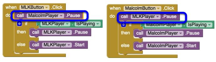 22. Program it so that you pause the "other" speech Εικόνα 64: Changing blocks 2 You just need to pause Malcolm when MLK speaks, and vice-a-versa.