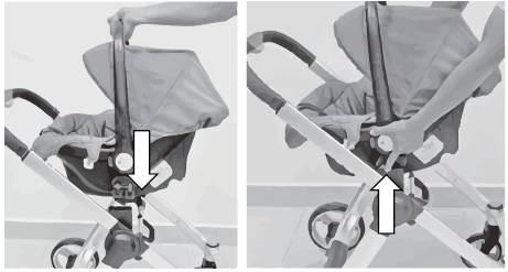 INSTALLING CAR SEAT / ΕΓΚΑΤΑΣΤΑΣΗ ΚΑΘΙΣΜΑΤΟΣ 17. Align and insert the car seat adaptors to the plastic receivers on the middle of the stroller. Slightly lift up to ensure lock tight.