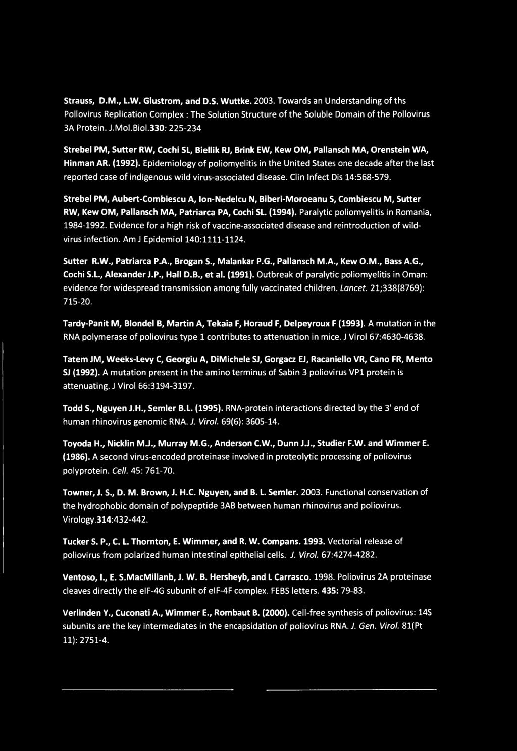 Strauss, D.M., L.W. Glustrom, and D.S. Wuttke. 2003. Towards an Understanding of ths Poliovirus Replication Complex : The Solution Structure of the Soluble Domain of the Poliovirus 3A Protein. J.Mol.