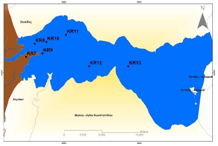 Εικόνα 16: Χάρτης σταθμών δειγματοληψίας (ΚΡ 7 έως ΚΡ 13) για τον προσδιορισμό της χλωροφύλλης-α και των φυτοπλαγκτικών πληθυσμών στην παράκτια περιοχή μελέτης του Μαλιακού κόλπου.