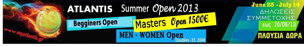 ΠΡΟΚΗΡΥΞΗ ATLANTIS Winter OPEN 2013 Ημερομηνίες Αγώνων: Beach Tennis * Men 29/6-30/6 Prize Money 100 * Mixed 29/6-30/6 Τennis ΑΡΧΑΡΙΟΙ * Men 29/6-30/6 * Women 29/6-30/6 Θα διεξαχθεί mini πρωτάθλημα