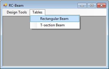 6.. Παραγωγή πινάκων Η λειτουργία της παραγωγής πινάκων ενεργοποιείται επιλέγοντας «Rectangular Beam» ή «T-section Beam» για ορθογωνική διατομή ή πλακοδοκό αντίστοιχα reinforcement» από το μενού της