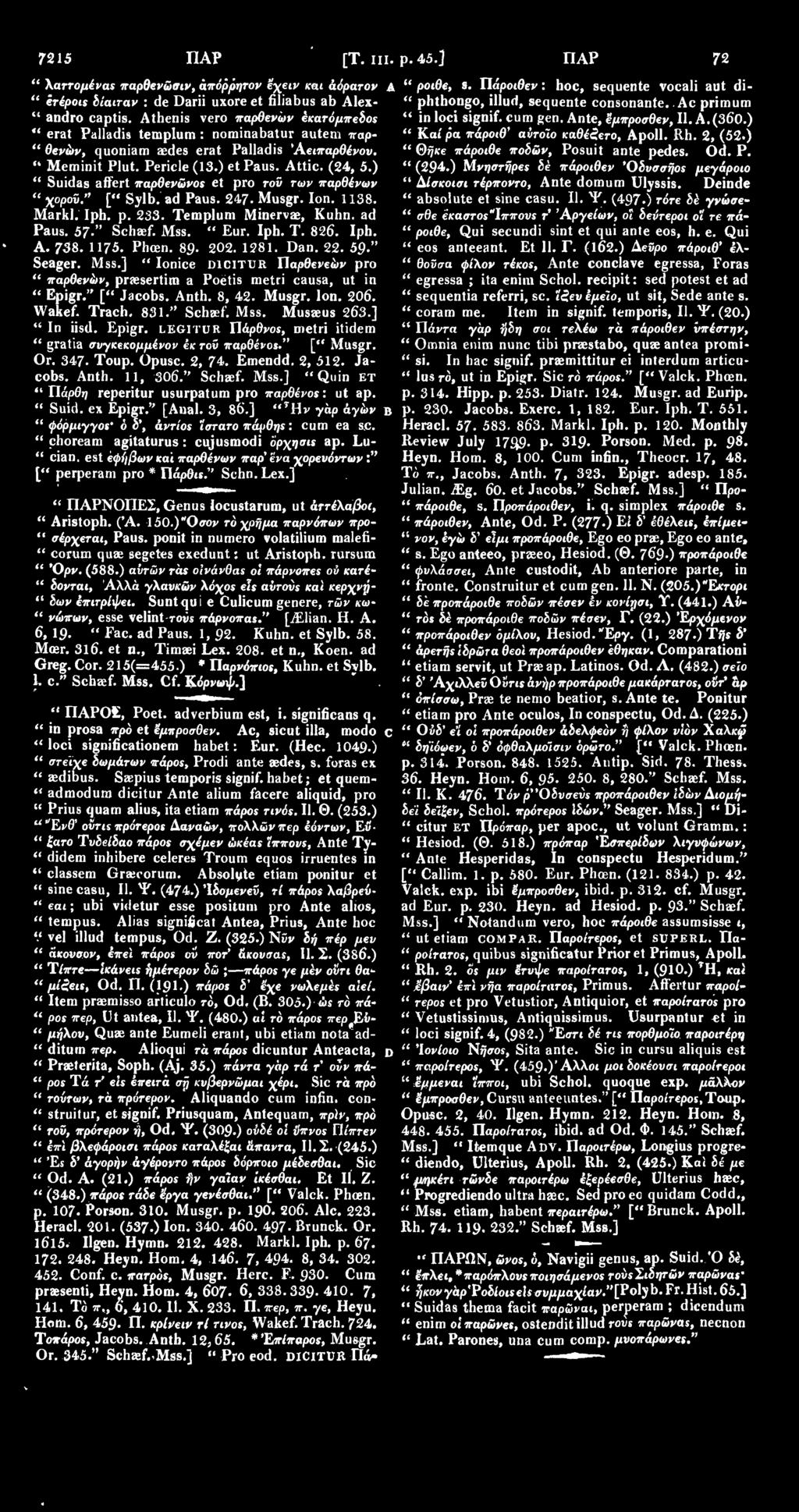 ) " Suidas affert παρθενώνοε et pro τοϋ των παρθένων " χοροϋ." [" Sylb. ad Paus. 247. Musgr. Ion. 1138. Markl. Iph. p. 233. Templum Minervae, Kuhn. ad Paus. 57." Schaef. Mss. " Eur. Iph. T. 826. Iph. A.