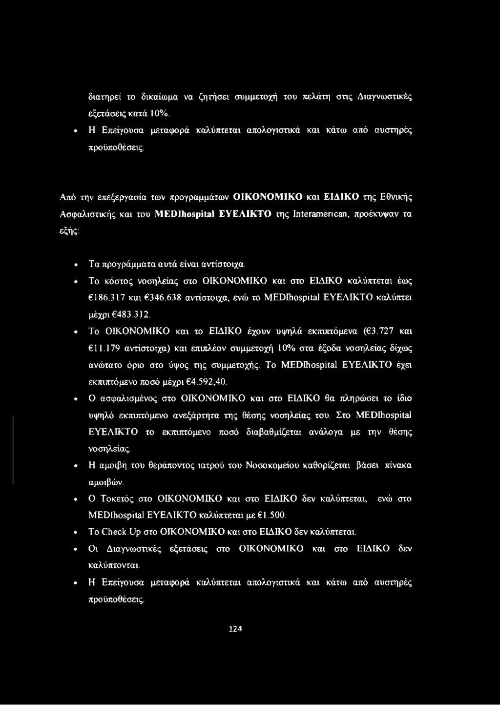 Το κόστος νοσηλείας στο ΟΙΚΟΝΟΜΙΚΟ και στο ΕΙΔΙΚΟ καλύπτεται έως 186.317 και 346.638 αντίστοιχα, ενώ το MEDIhospital ΕΥΕΛΙΚΤΟ καλύπτει μέχρι 483.312.