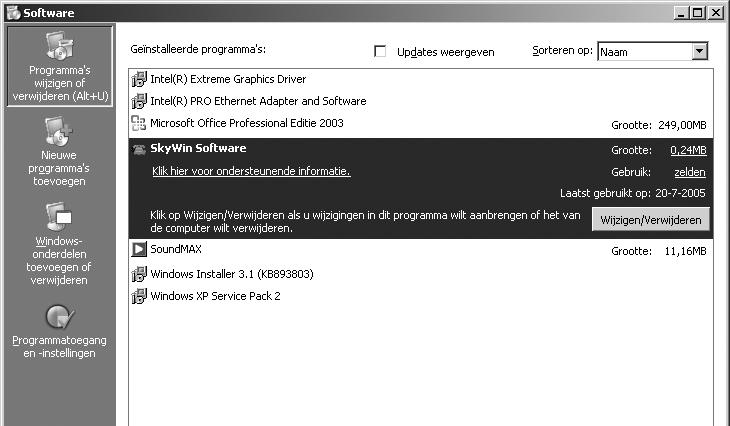 Windows XP προβολή Στο Μενού Έναρξης, επιλέξτε Οθόνη Ρύθμισης Παραμέτρων Λογισμικό. Στον κατάλογο που εμφανίζεται στη συνέχεια, επιλέξτε Λογισμικό SkyWin και πατήστε Αλλαγή/ Αφαίρεση.