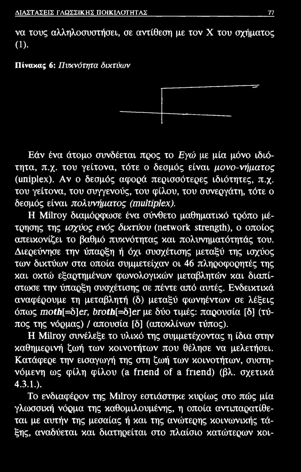 ΔΙΑΣΤΑΣΕΙΣ ΓΛΩΣΣΙΚΗΣ ΠΟΙΚΙΛΟΤΗΤΑΣ 77 να τους αλληλοσυστήσει, σε αντίθεση με τον X του σχήματος (1). Πίνακας 6: Πυκνότητα δικτύων Εάν ένα άτομο συνδέεται προς το Εγώ με μία μόνο ιδιότητα, π.χ. του γείτονα, τότε ο δεσμός είναι μονο-νήματος (ιιηΐρίεχ).