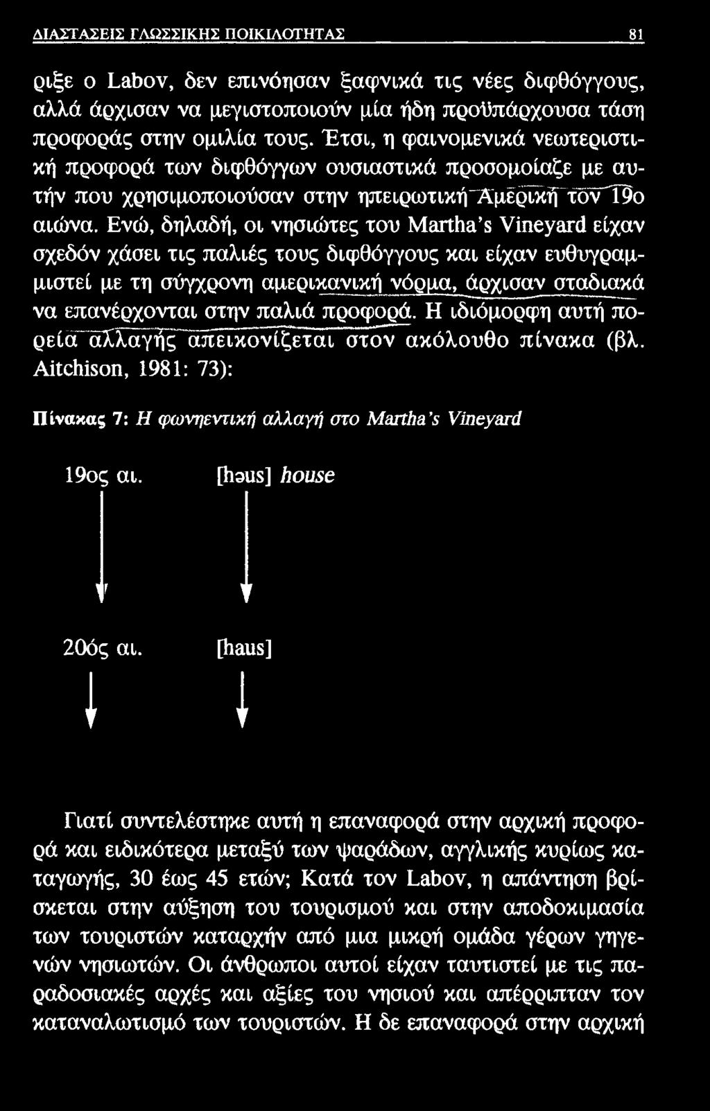 ΔΙΑΣΤΑΣΕΙΣ ΓΛΩΣΣΙΚΗΣ ΠΟΙΚΙΛΟΤΗΤΑΣ 81 ριξε ο ί&βον, δεν επινόησαν ξαφνικά τις νέες διφθόγγους, αλλά άρχισαν να μεγιστοποιούν μία ήδη προϋπάρχουσα τάση προφοράς στην ομιλία τους.