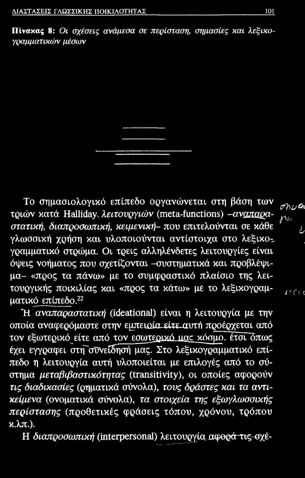 ΔΙΑΣΤΑΣΕΙΣ ΓΛΩΣΣΙΚΗΣ ΠΟΙΚΙΛΟΤΗΤΑΣ 101 Πίνακας 8: Οι σχέσεις ανάμεσα σε περίσταση, σημασίες και λεξικογραμματικών μέσων Το σημασιολογικό επίπεδο οργανώνεται στη βάση των (^ υ Η τριών κατά
