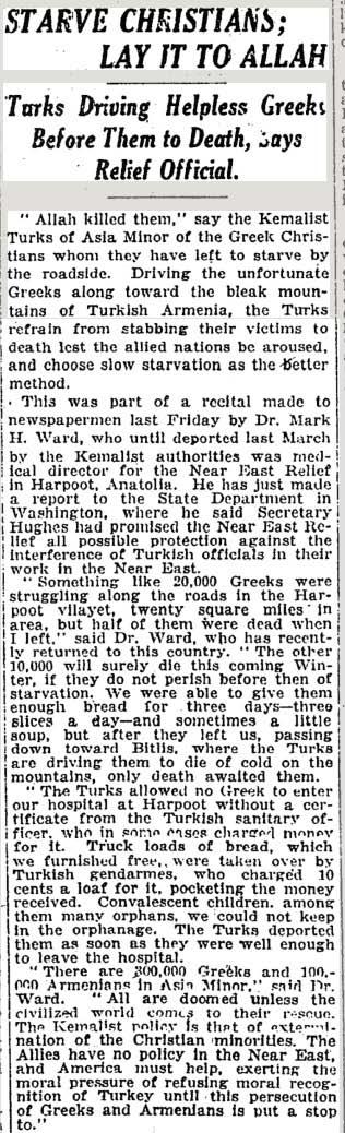 chapter in the murderous campaign by the Ottoman Empire against Christians. In Pontus alone, it is estimated that some 350,000 Greeks were killed.