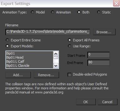 Σχήμα 4.8: Αριστερά: export μόνο το animation, Δεξιά: export animation μαζί με το model 4.3.4 Επίλυση προβλημάτων κατά την εξαγωγή από.max σε.egg μορφή Κατά την εξαγωγή ενός μοντέλου από την μορφή.