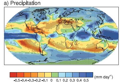 Χωρική κατανομή των αλλαγών στη μέση βροχόπτωση (mm/ημέρα) σύμφωνα με το σενάριο εκπομπών Α1Β για την περίοδο
