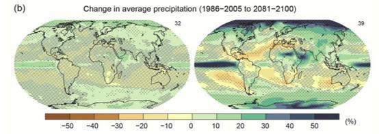 Χωρική κατανομή των αλλαγών στη μέση βροχόπτωση (mm/ημέρα), για δύο το σενάρια εκπομπών για την περίοδο