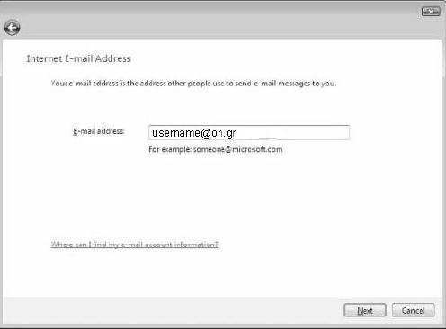 Στο Incoming e-mail server type επιλέξτε POP3 και στα επόμενα πεδία δηλώνετε ως Incoming mail server τον pop.on.gr, ενώ ως Outgoing e-mail server name τον smtp.on.gr και επιλέξτε Next.
