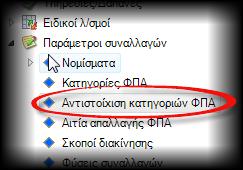 Από την επιλογή Αντιστοίχιση κατηγοριών ΦΠΑ που θα βρείτε στο ίδιο σημείο της παραμετροποίησης (Παράμετροι συναλλαγών) ανοίξτε νέα γραμμή και αντιστοιχήστε τη νέα κατηγορία ΦΠΑ ( αρχική κατηγορία