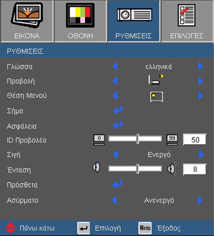 Χειριστήρια Χρήστη ΡΥΘΜΙΣΕΙΣ Η "Πρόσθεια" λειτουργεί μόνο με τον συνδετήρα VGA1 Προειδοποίηση: Το ενσύρματο VGA δεν θα λειτουργεί και ο προβολέας μπορεί να απενεργοποιηθεί εάν ενεργοποιηθεί η