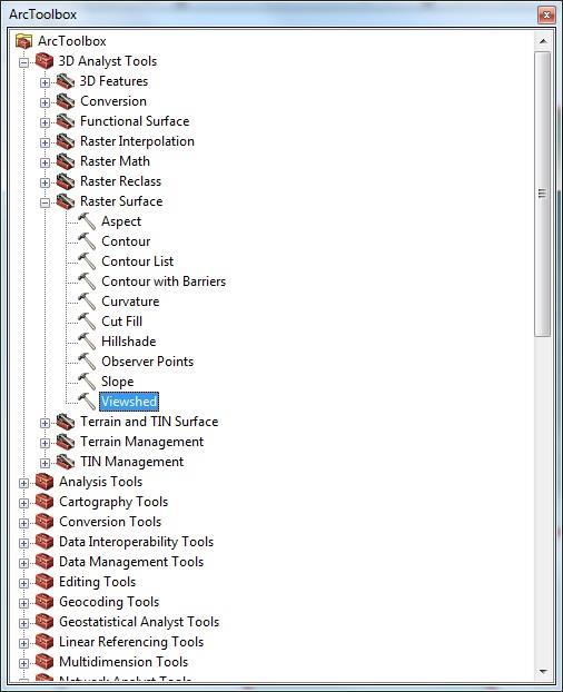 Στη συνέχεια επιλέγεται η εντολή "Viewshed" από το Arc Toolbox (Εικόνα 5.56). Στο 1ο πεδίο "Input Raster" του παραθύρου "Viewshed" που εμφανίζεται (Εικόνα 5.