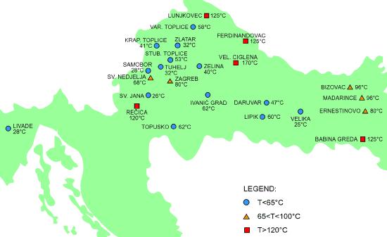 SREDNJETEMPERATURNI GEOTERMALNI POTENCIJALI Geotermalne potencijale u Hrvatskoj možemo podijeliti u tri skupine : srednje temperaturne rezervoare 100 200 C, niskotempraturne rezervoare 65 do 100 C i