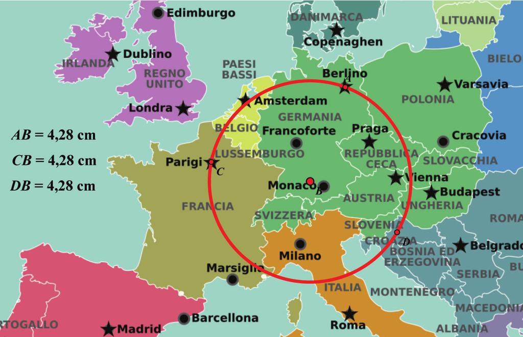 PRIRUČNIK ZA NASTAVNIKE Nakon konstrukcije opisane kružnice trokutu čiji su vrhovi na položaju Zagreba, Pariza i Berlina učenici zaključuju da je središte dobivene kružnice mjesto gdje treba