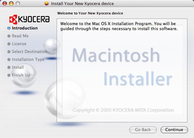 5 Κάντε διπλό κλικ στο Kyocera OS X x.x. 6 Ξεκινά το πρόγραμμα εγκατάστασης του προγράμματος οδήγησης εκτυπωτή.