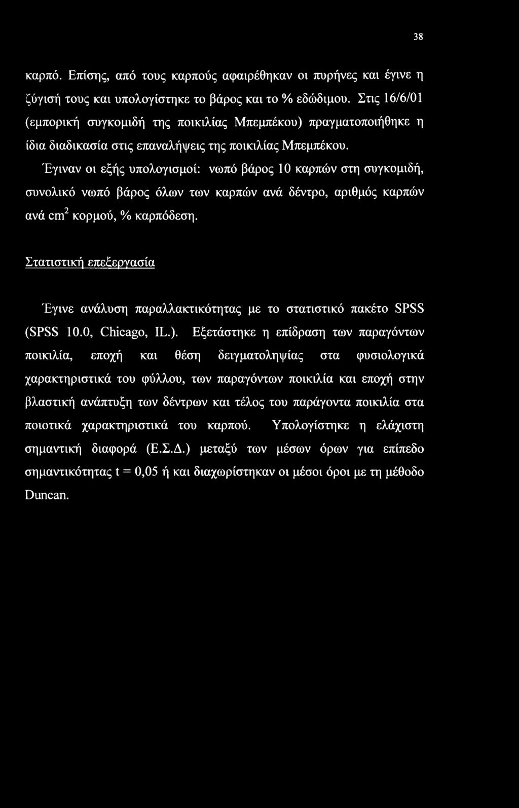 Έγιναν οι εξής υπολογισμοί: νωπό βάρος 10 καρπών στη συγκομιδή, συνολικό νωπό βάρος όλων των καρπών ανά δέντρο, αριθμός καρπών ανά cm2 κορμού, % καρπόδεση.